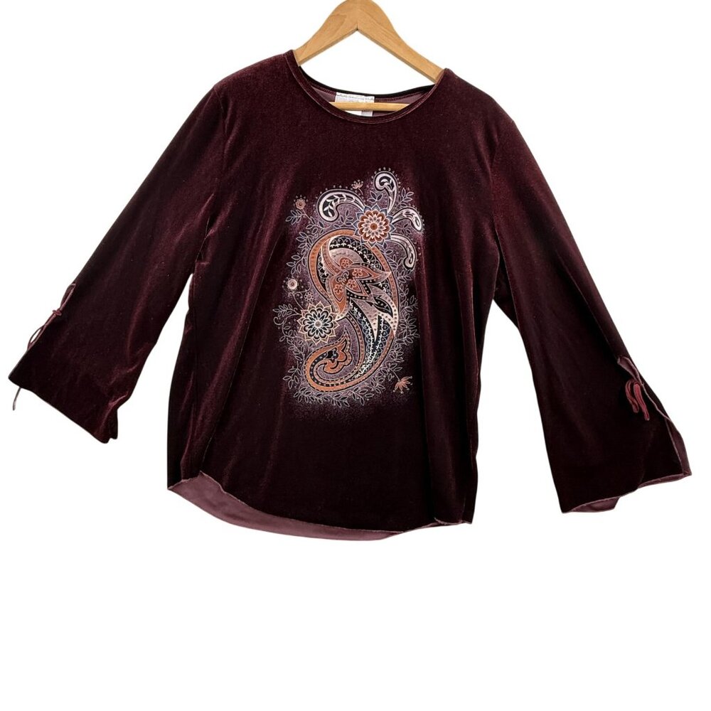 Vintage Casual Land Shirt Women One Size Red Paisley Velour Slit Sleeve Boho Top